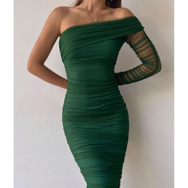 Mesh Patchwork One-Shoulder Sexy Backless Dress