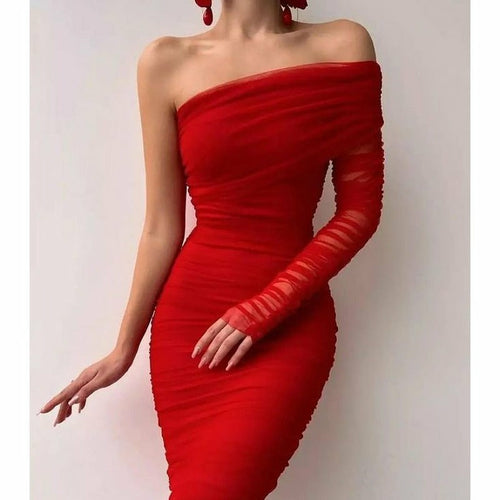 Mesh Patchwork One-Shoulder Sexy Backless Dress